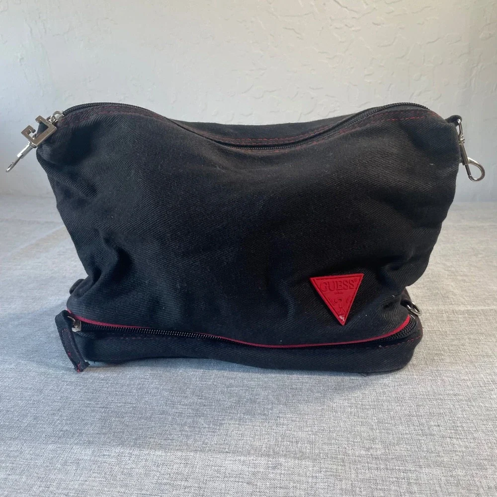 Guess Black Canvas Beauty Bag Red Triangle Logo Toiletry Cosmetic Case Travel